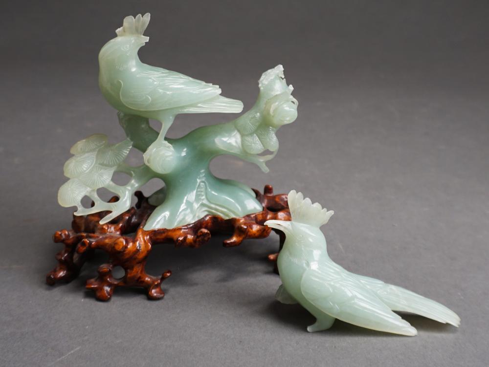 Appraisal: Chinese Carved Green Hardstone Figures of Two Birds on Branch