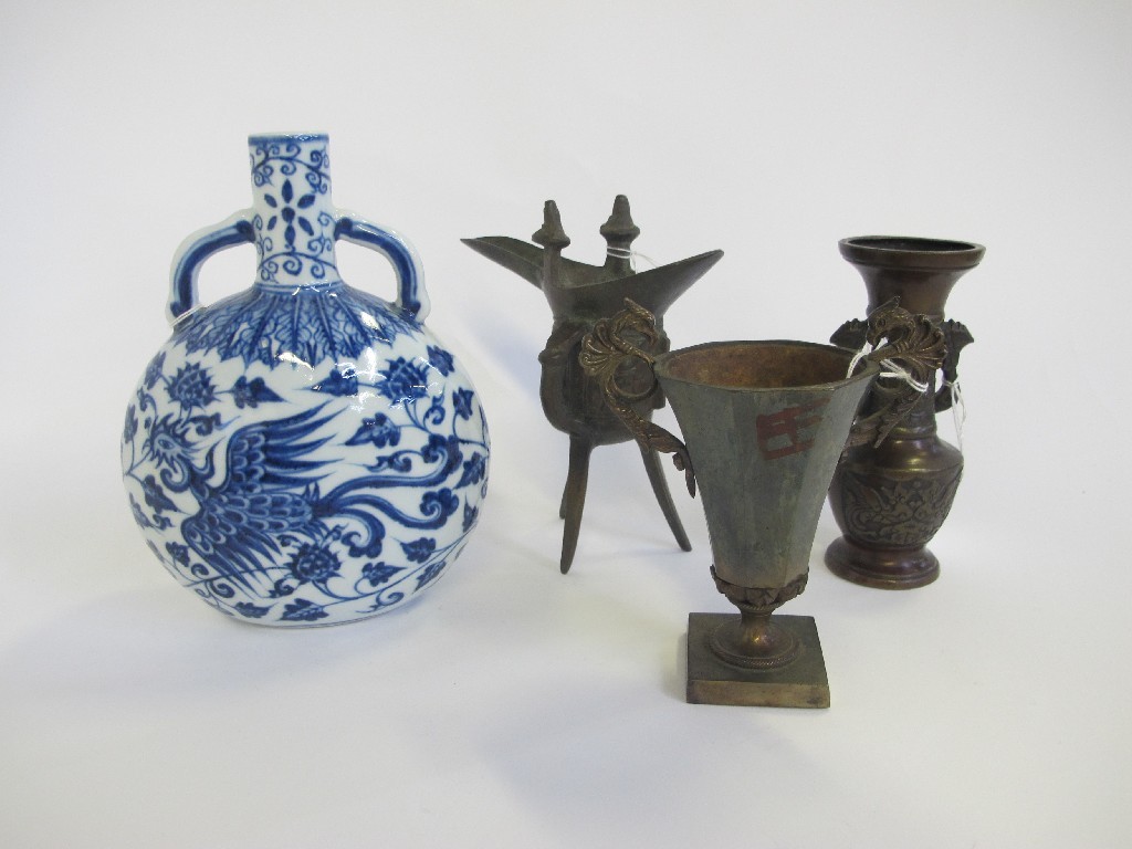 Appraisal: Three Chinese metal vessels and a blue and white moon