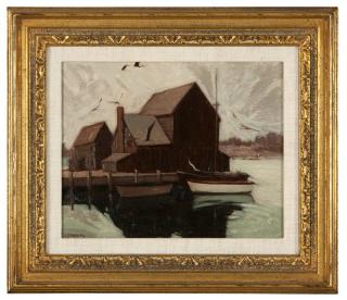 Appraisal: George Spangenberg ''Gull Flight'' boats docked alongside buildings signed lower