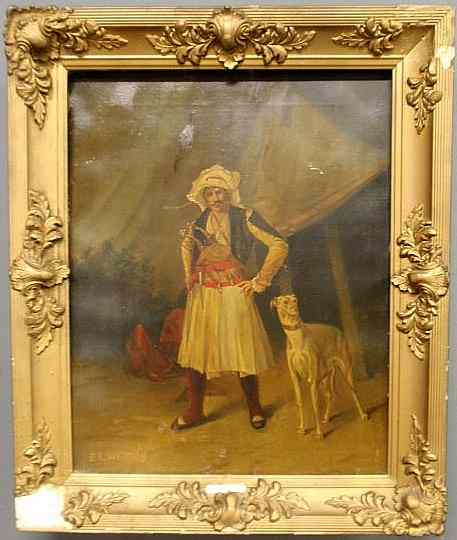 Appraisal: Oil on canvas portrait of a mid-eastern desert warrior and