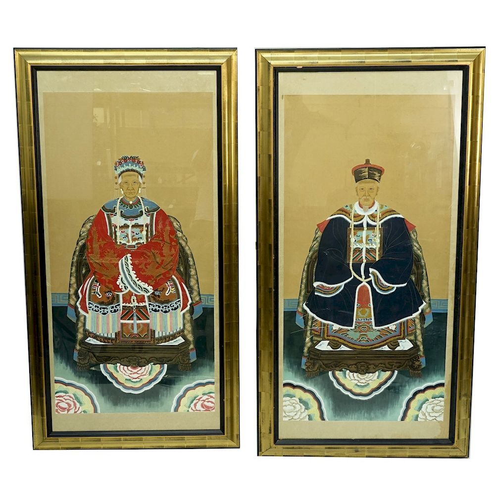 Appraisal: Pair Chinese Portraits pair Chinese Ancestral Portraits Watercolor Gouache On