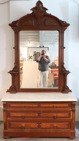 Appraisal: LARGE VICTORIAN WALNUT MARBLE TOP CHEST WITHMIRROR CANDLE SHELVES WITH