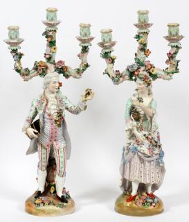 Appraisal: MEISSEN PORCELAIN FIGURAL CANDELABRA PAIR MEISSEN PORCELAIN FIGURAL CANDELABRA PAIR