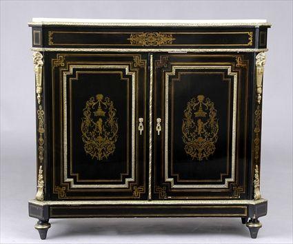 Appraisal: NAPOLEAN III EBONY AND BRASS TWO-DOOR CABINET The rectangular marble