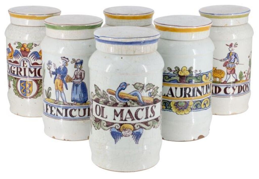 Appraisal: lot of Continental faience lidded apothecary jars each in unique