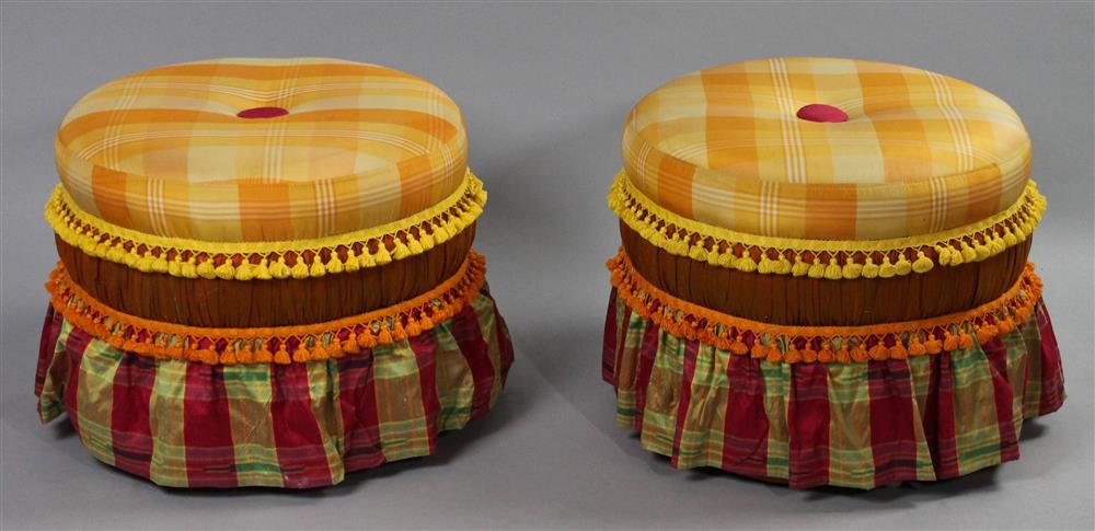 Appraisal: PAIR OF MACKENZIE CHILDS-STYLE SILK UPHOLSTERED TUFFETS OR POUFS the