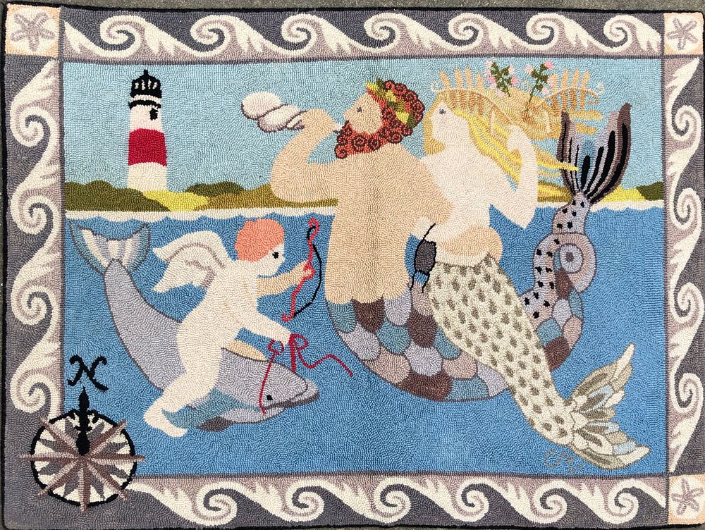 Appraisal: Claire Murray Hooked Rug Neptune and Mermaids off Sankaty Claire