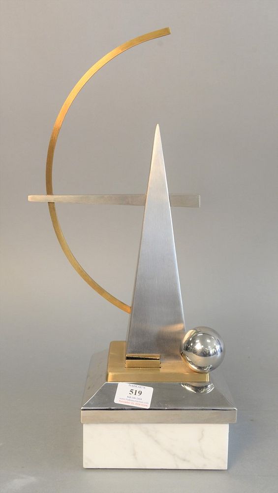 Appraisal: Mid-century aluminum and brass geometric sculpture on marble base stamped