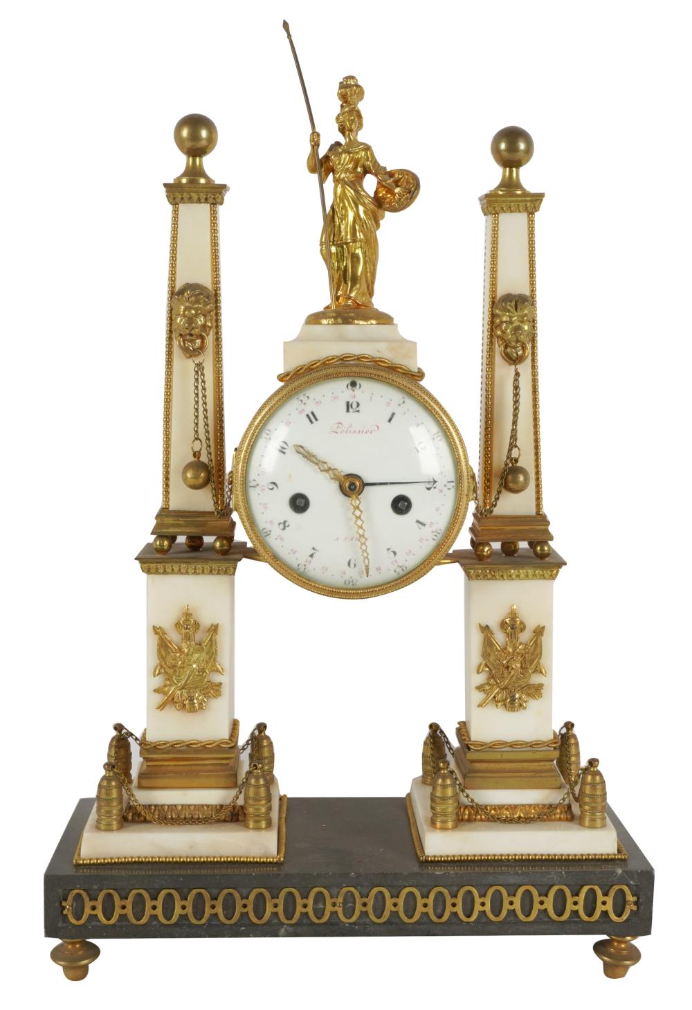 Appraisal: FRENCH GILT METAL MARBLE MANTEL CLOCKdial signed Pelissier a Paris