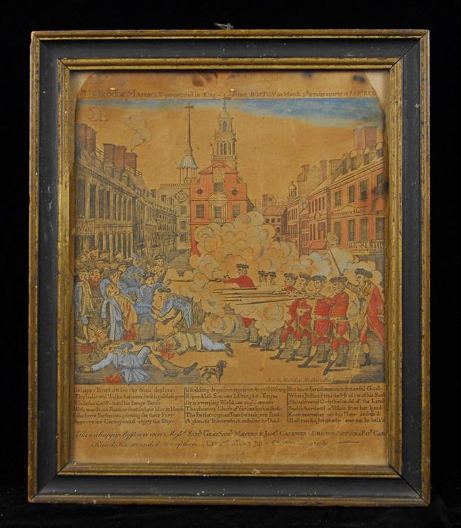 Appraisal: JONATHAN MULLIKAN American - THE BLOODY MASSACRE hand colored engraving