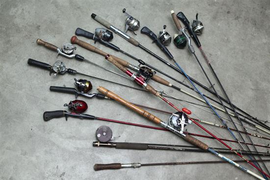 Appraisal: LARGE GROUP OF FISHING POLES Including Shakespear fly reel on