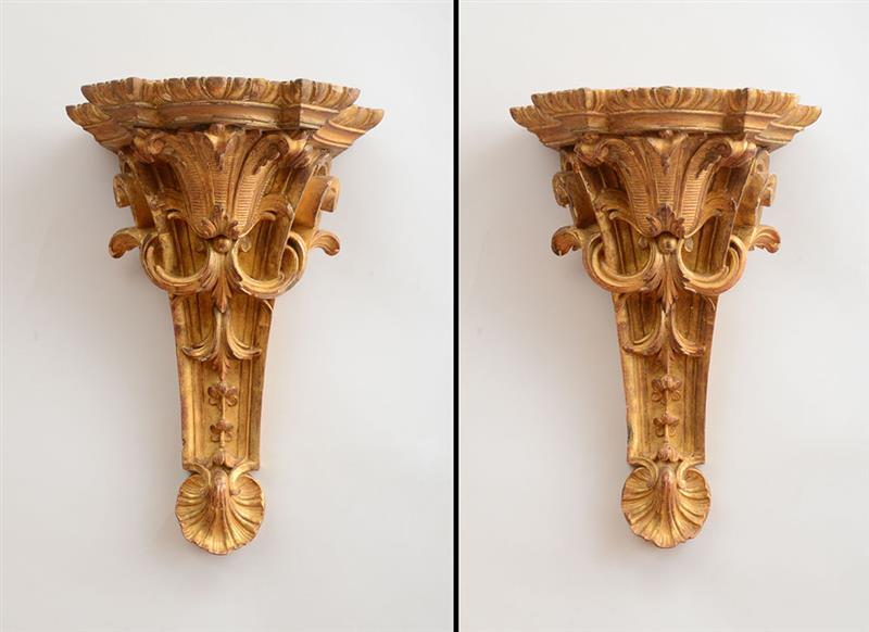 Appraisal: PAIR OF R GENCE STYLE GILTWOOD BRACKETS Each D-shaped top