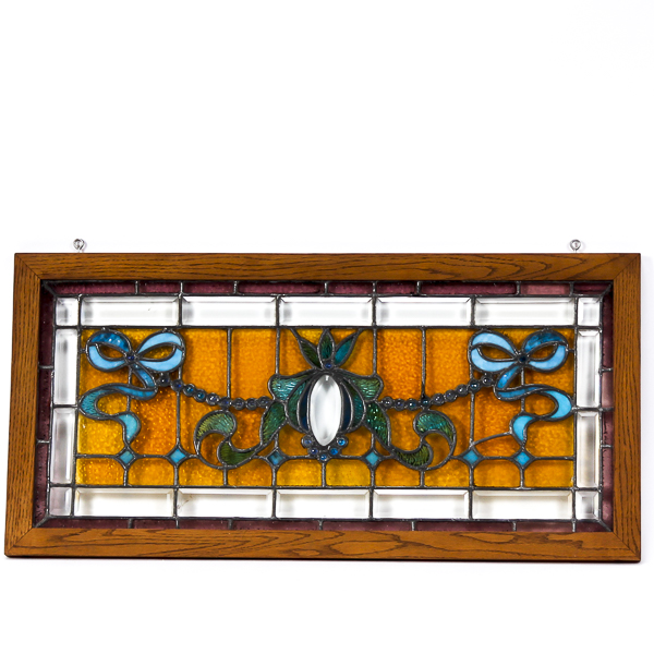 Appraisal: Stained leaded glass pub window with blue ribbons x