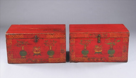 Appraisal: PAIR MONGOLIAN POLYCHROME WALNUT WEDDING TRUNKS th century Rectangular outline