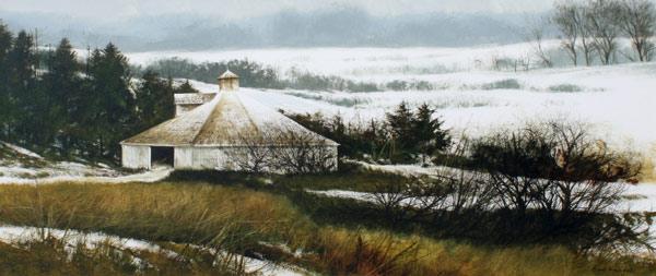 Appraisal: DOMINGUEZ Miguel American - Winter Landscape with Barn Watercolor sight