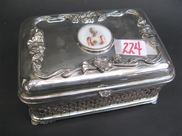 Appraisal: AMERICAN ORNATE SILVER PLATED JEWELRY BOX the hinged lid with