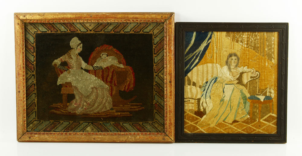 Appraisal: - th C Needlework Pictures Two th century needlework pictures