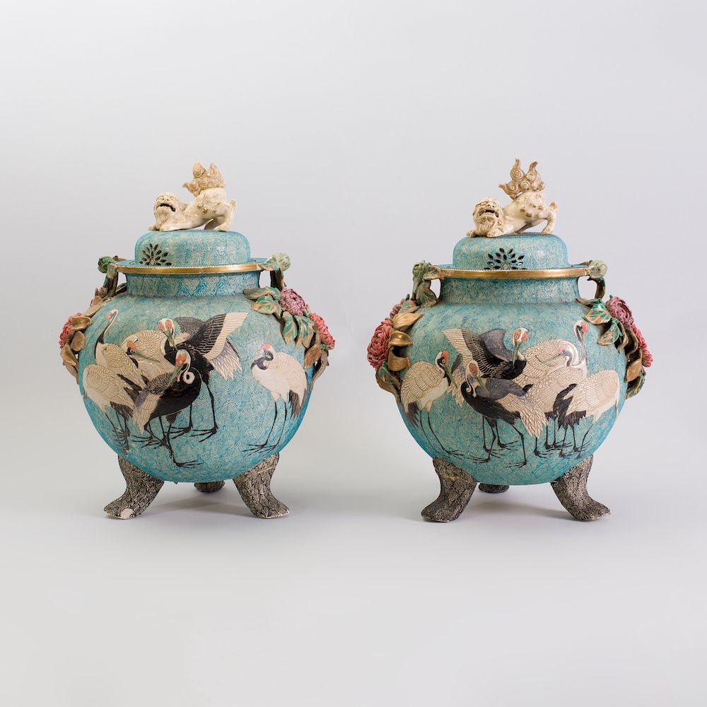 Appraisal: Pair of Japanese Large Tripod Flower Incrusted Pottery Jars and