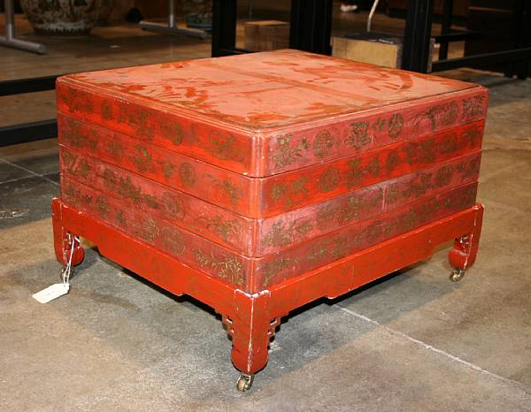 Appraisal: A set of red lacquered and gilt decorated wood stacking