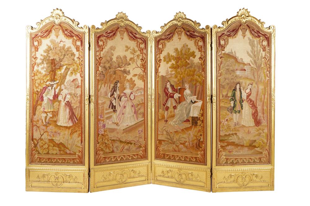 Appraisal: CONTINENTAL NEEDLEWORK ROOM DIVIDERfour panel Condition loss to gilding on