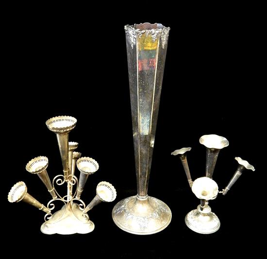 Appraisal: Three silver plate vases and epergnes tall six-sided trumpet form