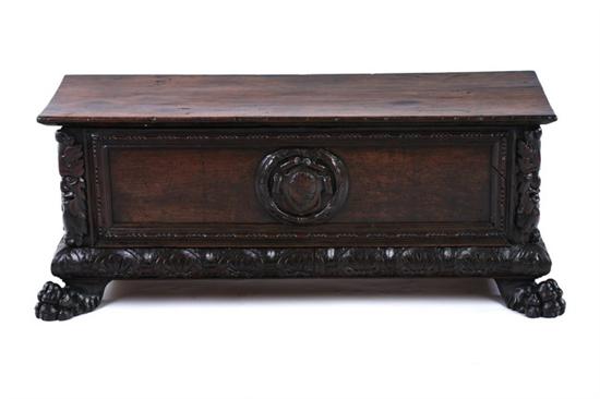 Appraisal: EARLY ITALIAN WALNUT CARVED CASSONE OF UNUSUAL SMALL SIZE Late