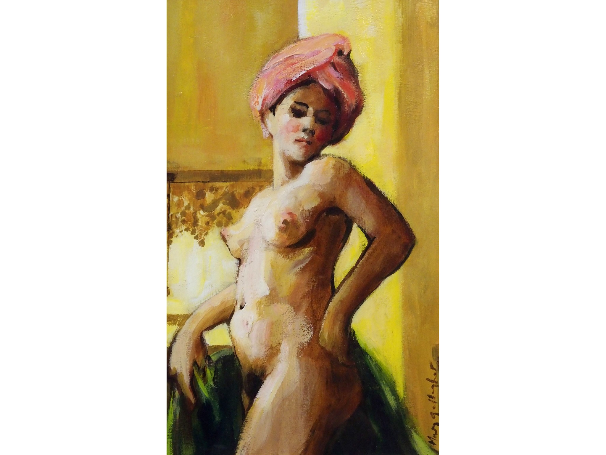 Appraisal: MARY GALLAGHER Scottish b NUDE WITH PINK HEAD SCARFAcrylic signed