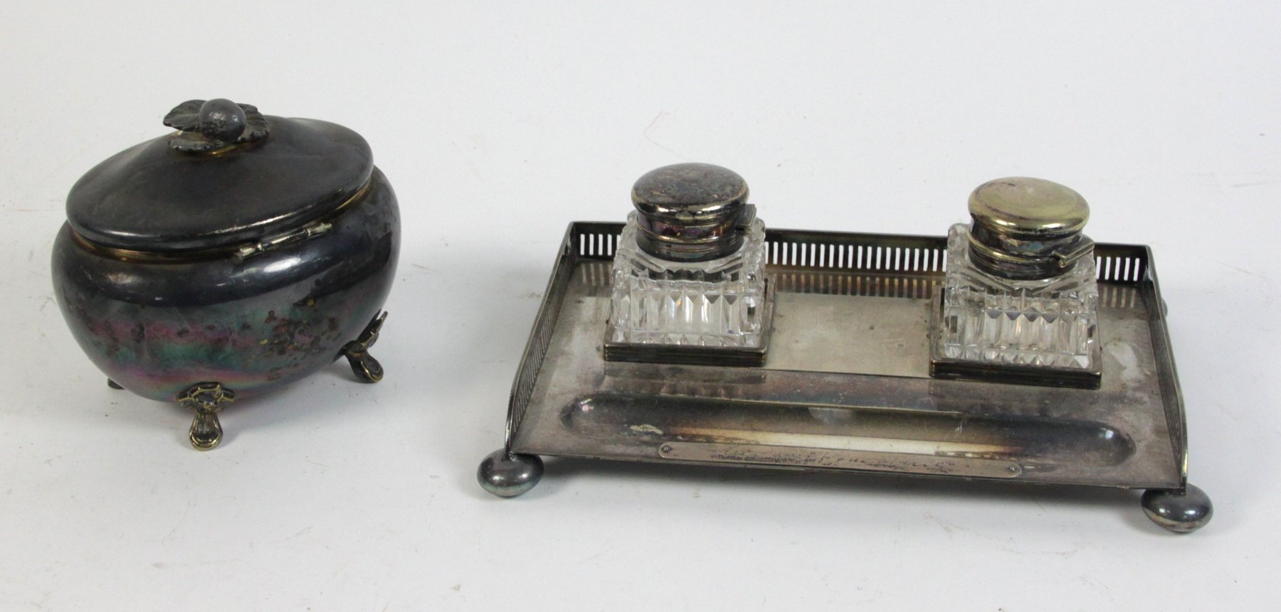 Appraisal: An electroplated inkstand and a sugar basin and cover