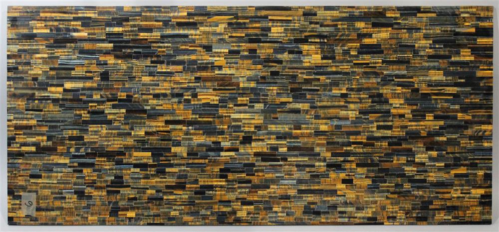 Appraisal: BLUE-GOLD TIGER EYE GEMSTONE SURFACED PANEL rectangular panel surfaced with