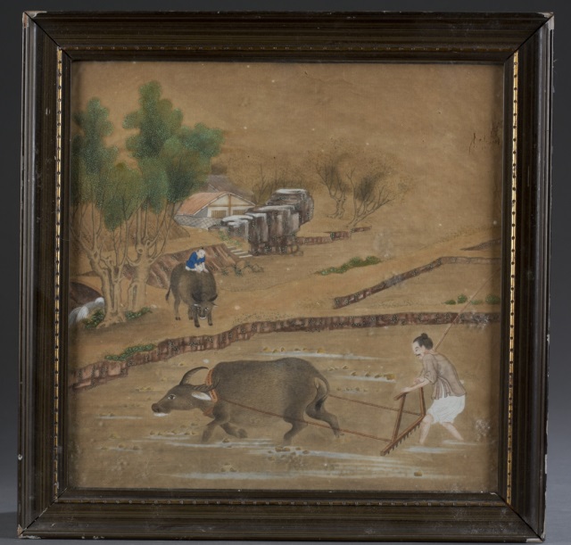 Appraisal: Ink and color on paper Depicting rice production with figures