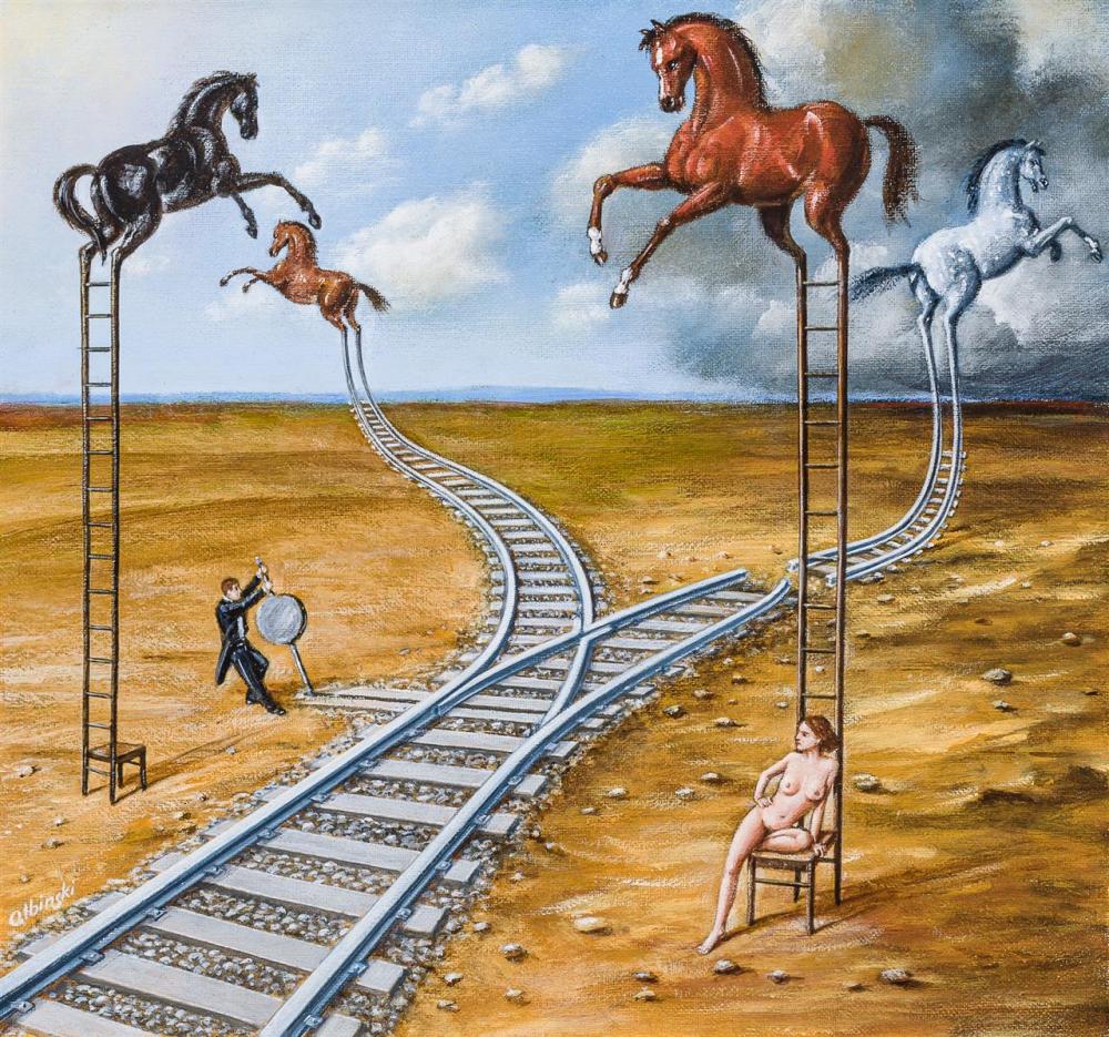 Appraisal: RAFAL OLBINSKI Polish American b Horses at Train Tracks oil