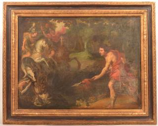 Appraisal: Baroque Style Oil on Canvas Boar Hunt Painting Unsigned Antique