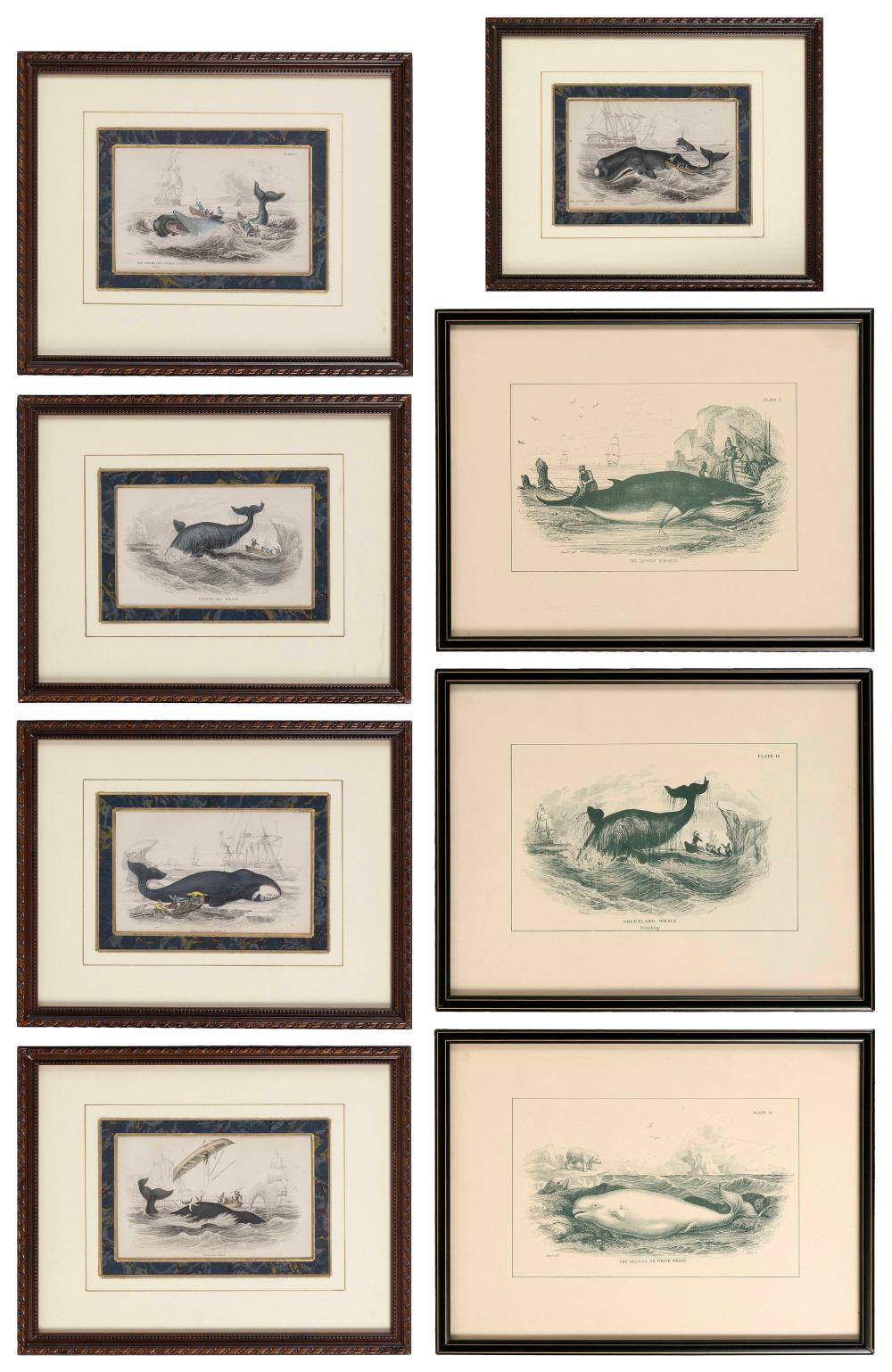 Appraisal: EIGHT WHALING ILLUSTRATIONSEIGHT WHALING ILLUSTRATIONS - Five hand-tinted book plates