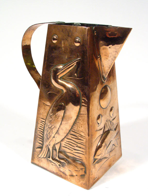 Appraisal: Arts Crafts Newlyn hand planished copper jug with applied strap