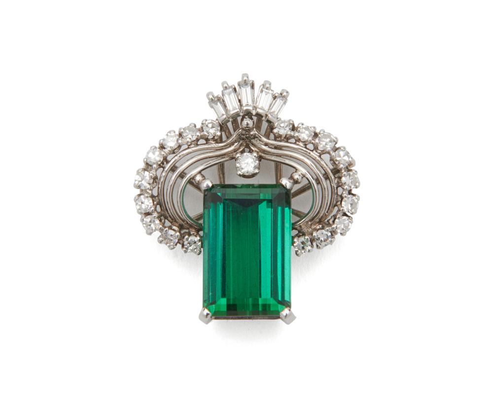 Appraisal: Platinum Tourmaline and Diamond Pendant centering a rectangular step-cut green