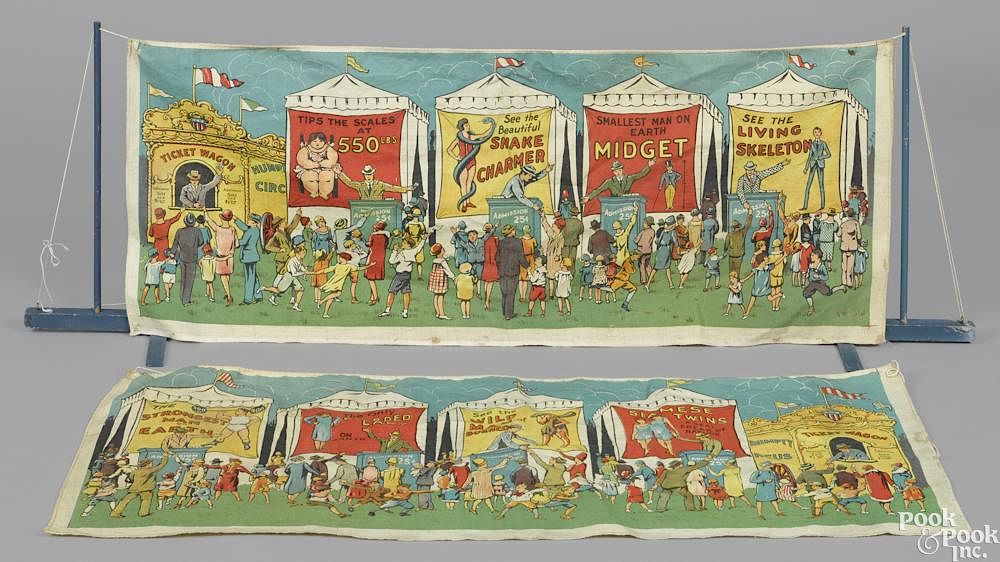 Appraisal: Schoenhut Humpty Dumpty circus sideshow banners to include two canvas