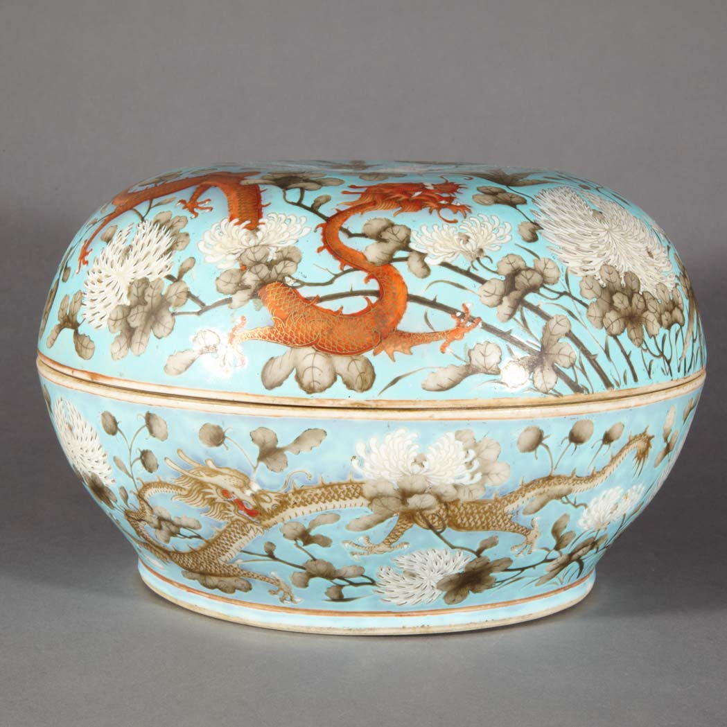 Appraisal: Chinese Enameled and Turquoise Glazed Porcelain Covered Box Guangxu Six-Character