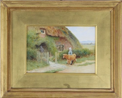 Appraisal: Claude Strachen Girls with Calf by a Thatched Cottage signed