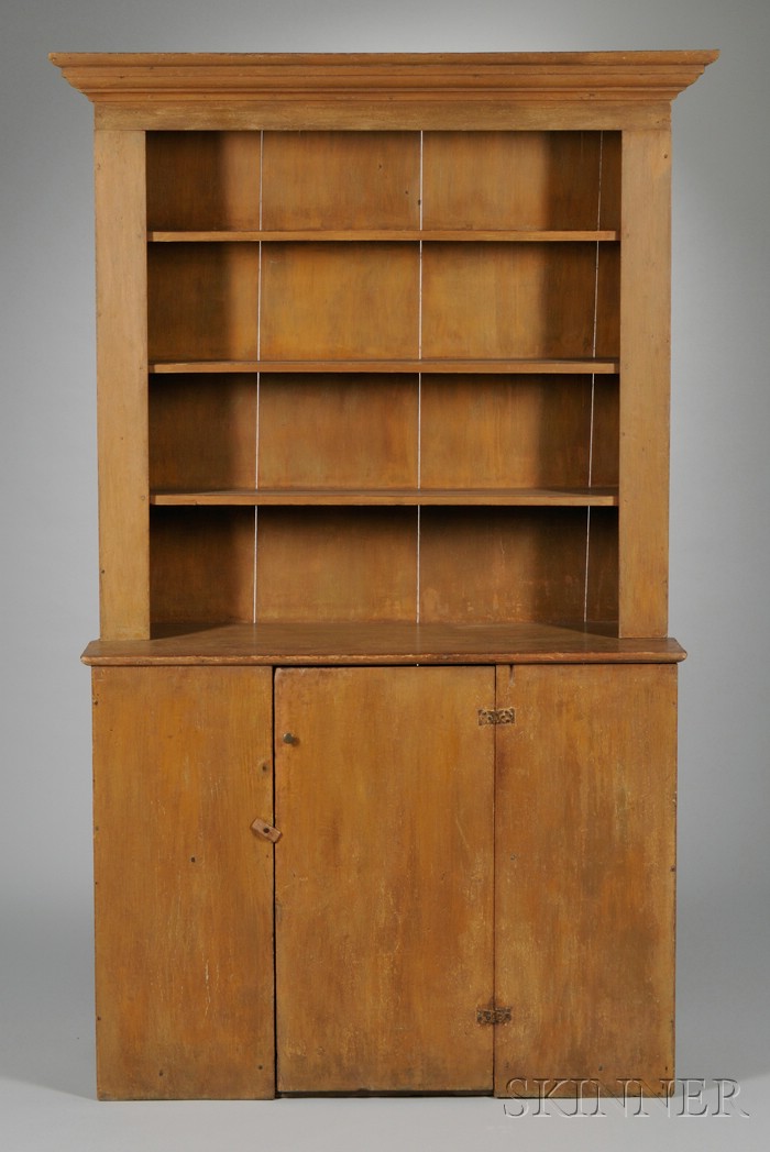 Appraisal: Country Mustard-painted Pine Step-back Cupboard ht wd dp in