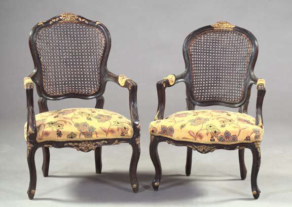 Appraisal: Pair of Louis XV-Style Fruitwood and Giltwood Fauteuils early th