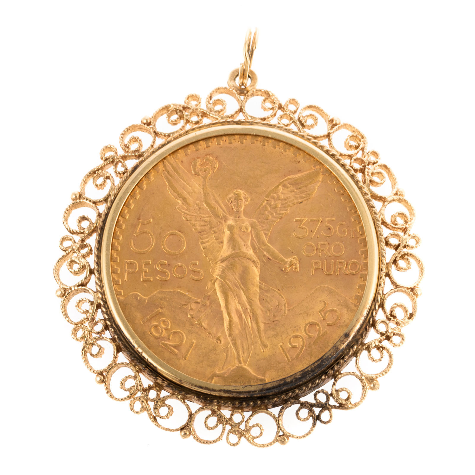 Appraisal: A MEXICAN GOLD PESOS PENDANT K yellow gold wide scroll