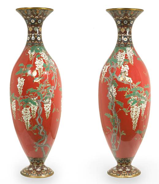 Appraisal: A pair of large cloisonn enamel wisteria vases Meiji Period