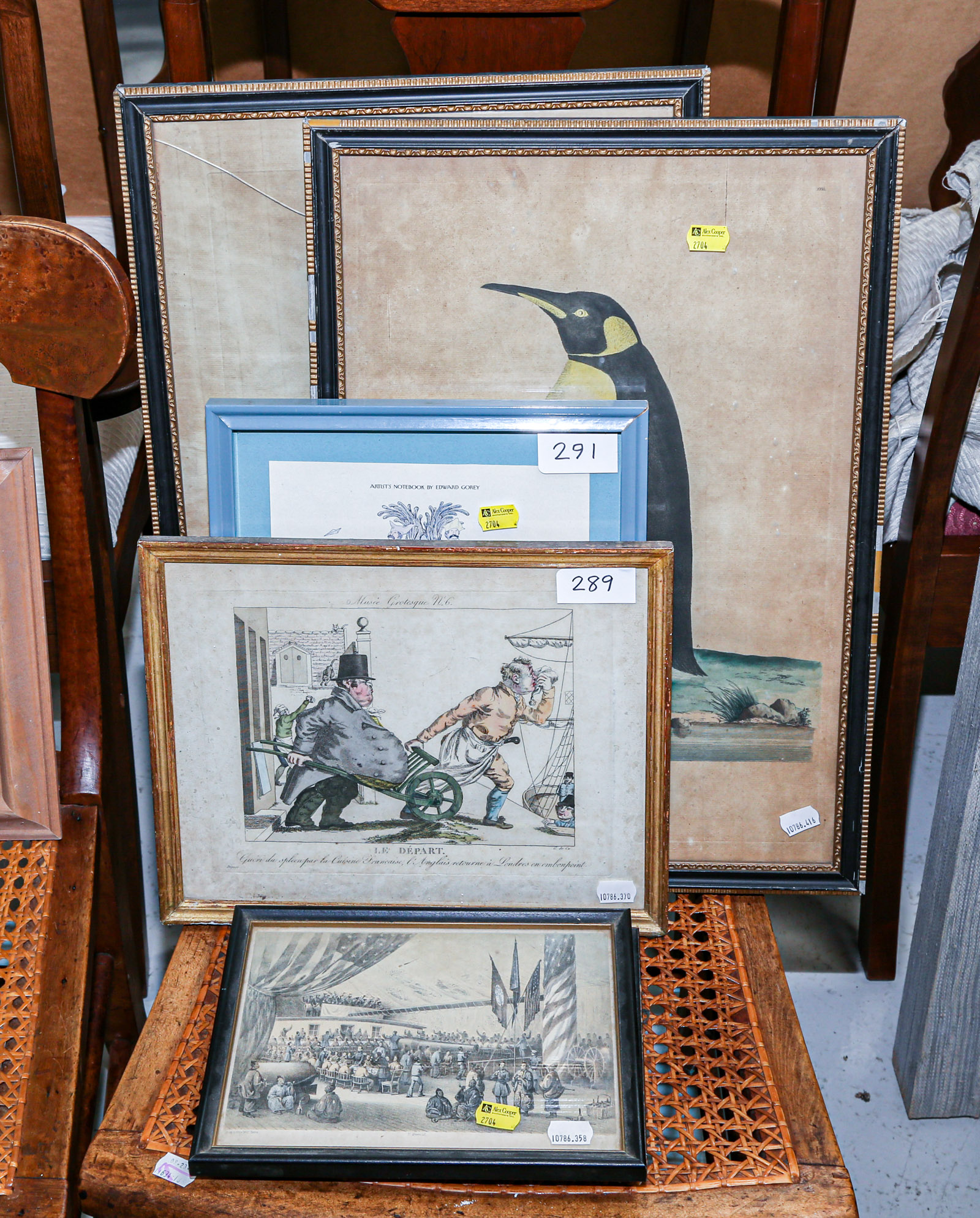 Appraisal: FIVE FRAMED ANTIQUE ENGRAVINGS Notably including a pair of hand-painted