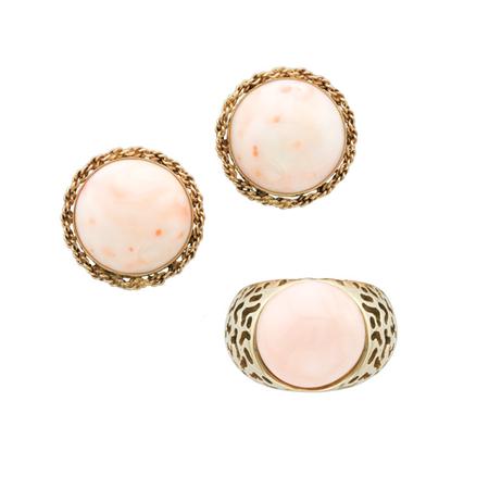 Appraisal: Pair of Gold and Angel Skin Coral Earclips and Ring