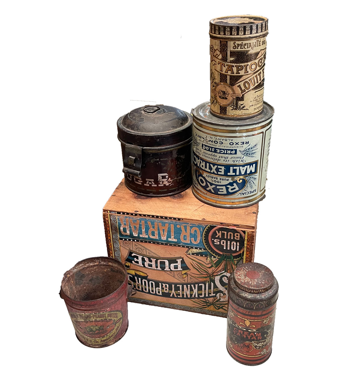 Appraisal: PC EARLY TIN CANISTER COLLECTION Comprising - Antique French Tapioca