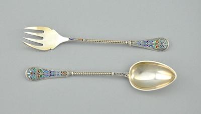 Appraisal: An Enameled Silver Gilt Fork and Spoon Set The spoon