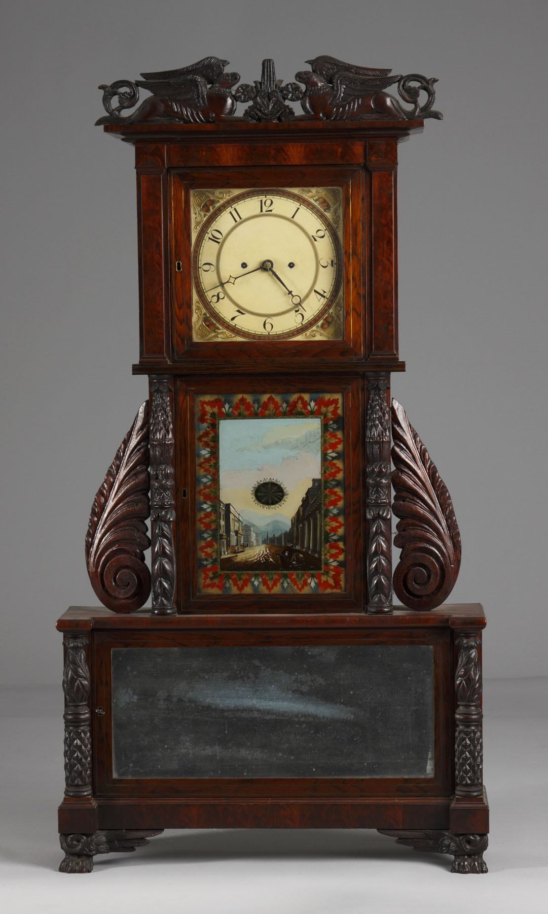 Appraisal: Rare Monumental Early NY State Clock Figured rosewood mahogany case