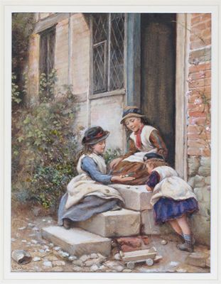 Appraisal: Joseph Clark - Children playing on the steps Signed Watercolour