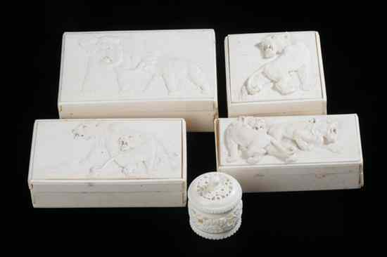 Appraisal: FOUR AFRICAN IVORY BOXES Each with a cover carved in