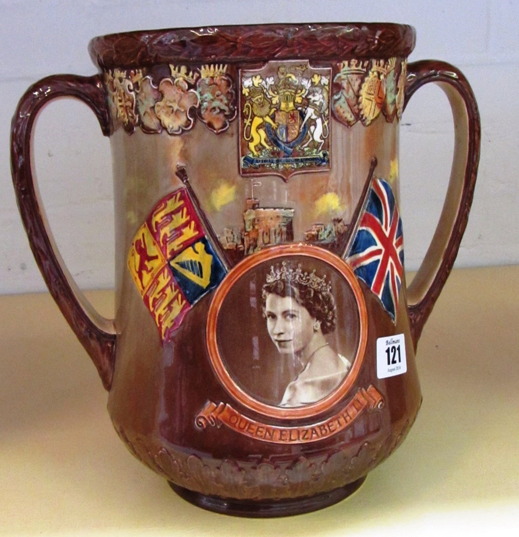 Appraisal: A Royal Doulton loving cup commemorating the coronation of Queen